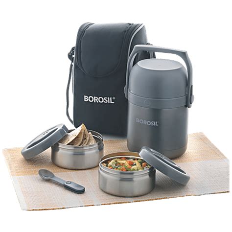 borosil hydra stainless steel insulated lunch box 4-piece steel grey|BOROSIL Hydra Stainless Steel Insulated Lunch Box, 4.